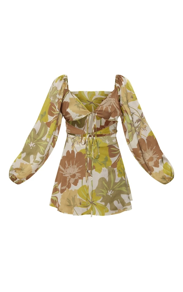 Robe Droite Satinée Verte Fleurie Découpée à Nouer 5 Robe Droite Satinée Verte Fleurie Découpée à Nouer – Image 5