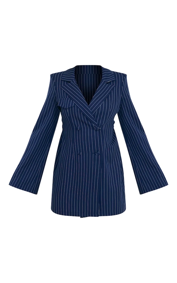 Robe Blazer Bleu Marine Froncée Et Découpée Dans Le Dos à Rayures Et Double Boutonnière 5 Robe Blazer Bleu Marine Froncée Et Découpée Dans Le Dos à Rayures Et Double Boutonnière – Image 5