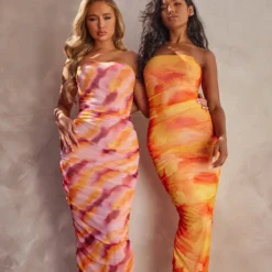 Robe Bustier Longue Fleurie Froncée En Mesh Orange