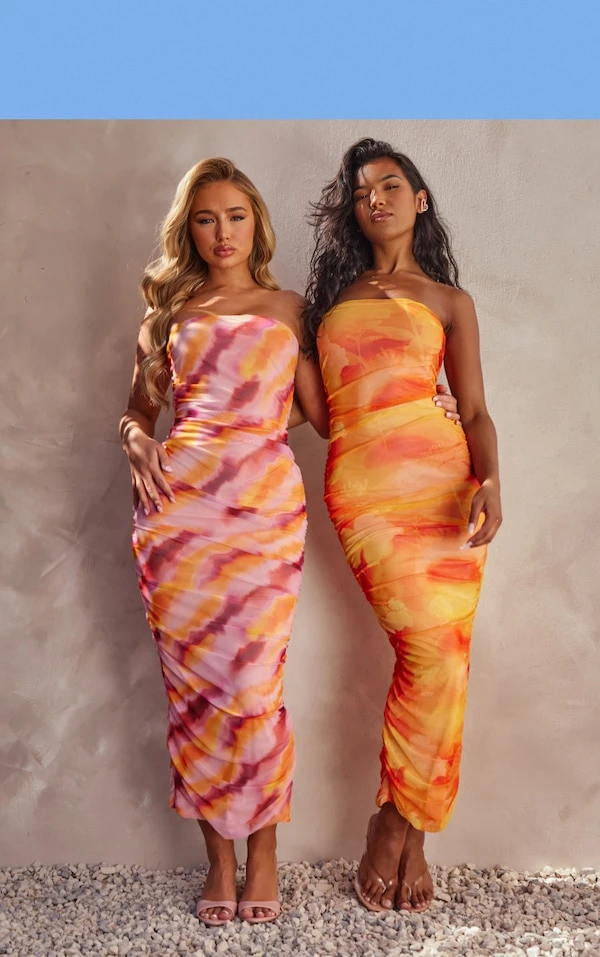 Robe Bustier Longue Fleurie Froncée En Mesh Orange 1 Robe Bustier Longue Fleurie Froncée En Mesh Orange