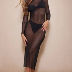 Robe Mi-longue Asymétrique En Mesh Noir Froncé Sur Le Côté