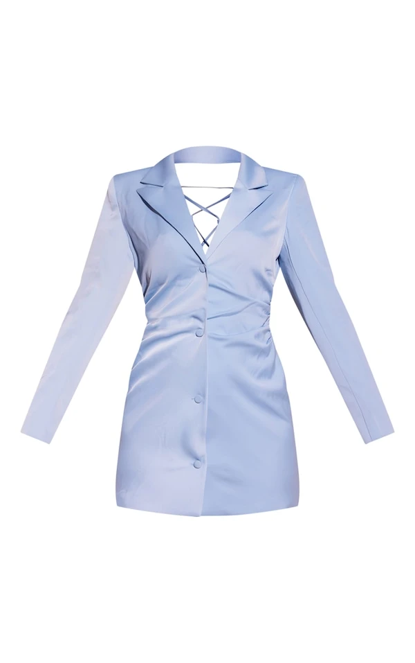 Robe Blazer Satinée Bleu Clair Lacée Dans Le Dos 5 Robe Blazer Satinée Bleu Clair Lacée Dans Le Dos – Image 5