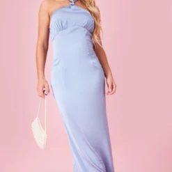 Robe Longue Dos Nu Satinée Bleu Minéral Nouée à Détail Buste