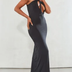 Robe Asymétrique Longue Très Moulante Noire à Bretelle Nouée -Jupe Lumine Soldes Boutique 507567b5585fe61aacca2e76485e29776772ab0c cne1452 3