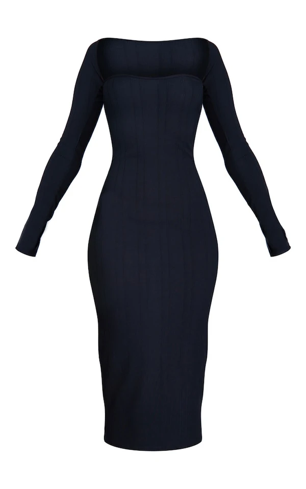 Robe Bustier Mi-longue Côtelée Texturée Noire à Détail Manches 5 Robe Bustier Mi-longue Côtelée Texturée Noire à Détail Manches – Image 5
