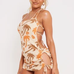 Robe De Plage En éponge Imprimé Feuilles Crème à Dos Ouvert
