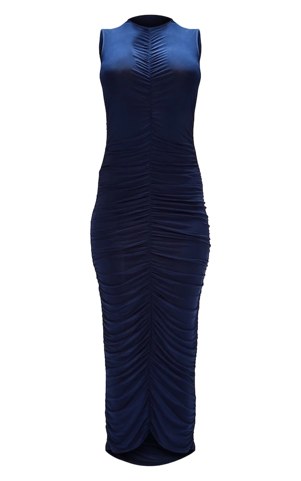 Robe Longue Moulante Bleu Marine Foncé Froncée Sans Manches 5 Robe Longue Moulante Bleu Marine Foncé Froncée Sans Manches – Image 5