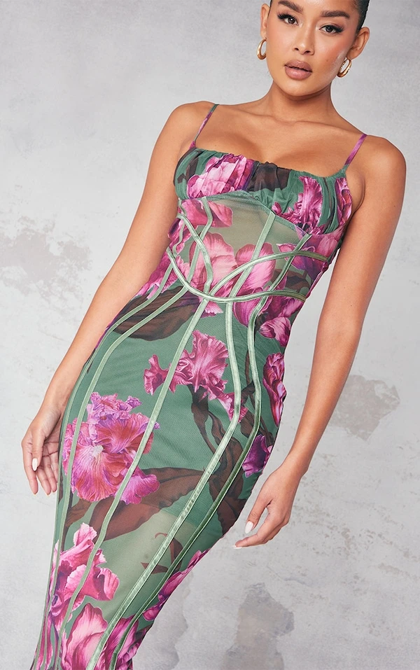 Robe Mi-longue Verte Fleurie En Mesh à Liserés 4 Robe Mi-longue Verte Fleurie En Mesh à Liserés – Image 4