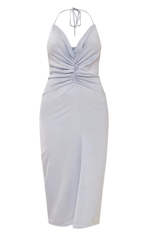 Robe Mi-longue Satinée Bleu-gris Froncée Sur La Taille à Dos Nu Et Décolleté Plongeant 5 Robe Mi-longue Satinée Bleu-gris Froncée Sur La Taille à Dos Nu Et Décolleté Plongeant – Image 5