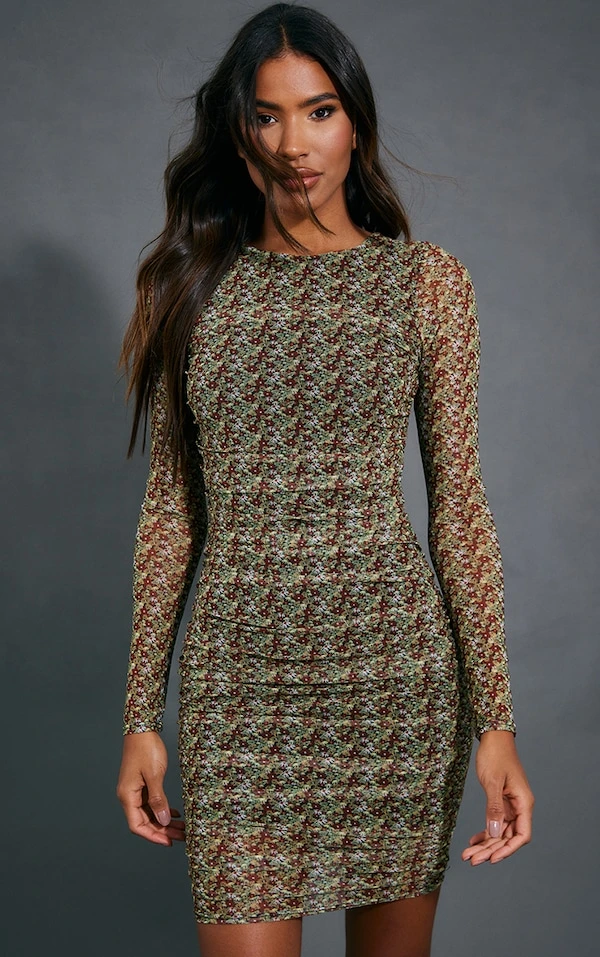 Robe Moulante En Mesh Kaki Imprimé Petites Fleurs à Détail Froncé 3 Robe Moulante En Mesh Kaki Imprimé Petites Fleurs à Détail Froncé – Image 3