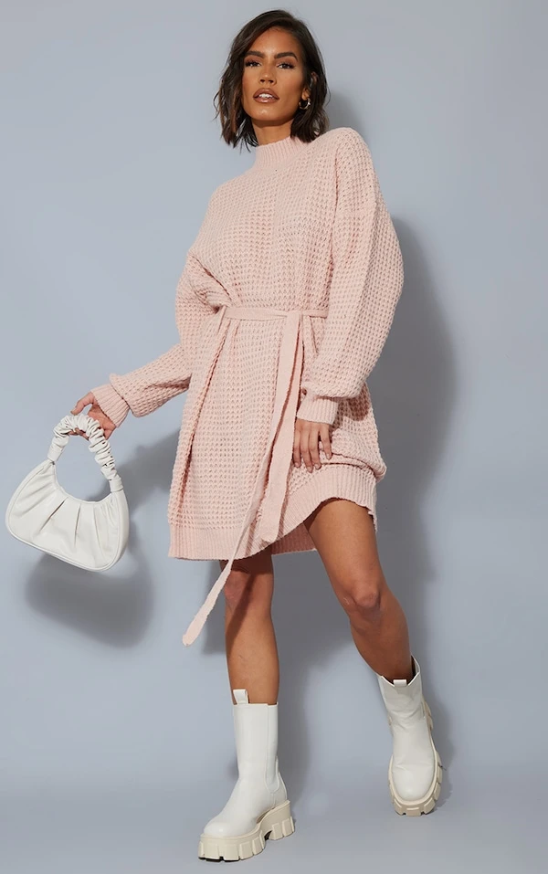 Robe Pull Rose Tendre En Maille Tricot Douce à Ceinture 3 Robe Pull Rose Tendre En Maille Tricot Douce à Ceinture – Image 3