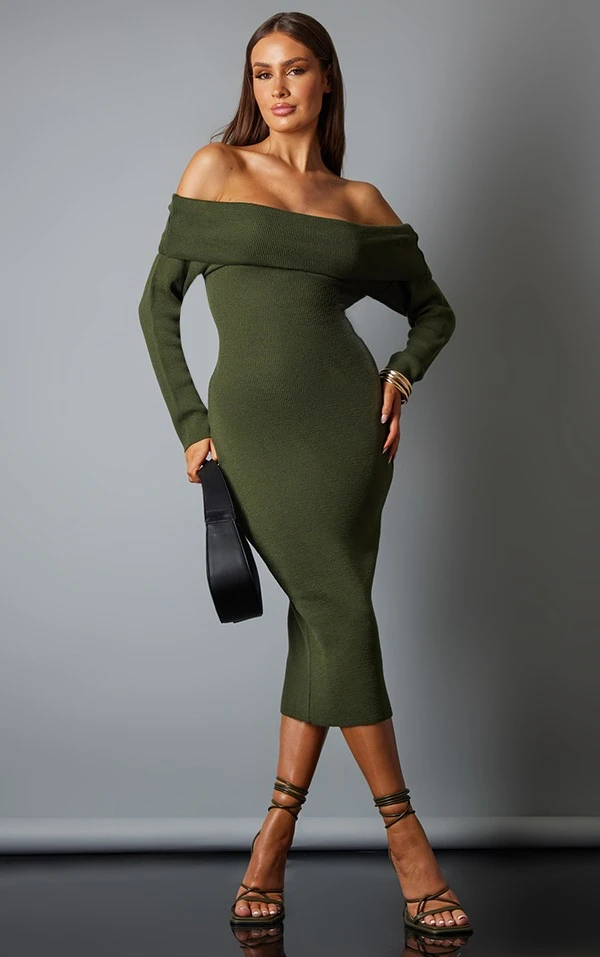 Robe Mi-longue Kaki En Maille Tricot à Col Bardot 1 Robe Mi-longue Kaki En Maille Tricot à Col Bardot
