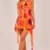 Robe De Plage Orange Imprimé Flammes à Dos Nu Et Volants