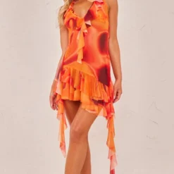 Robe De Plage Orange Imprimé Flammes à Dos Nu Et Volants