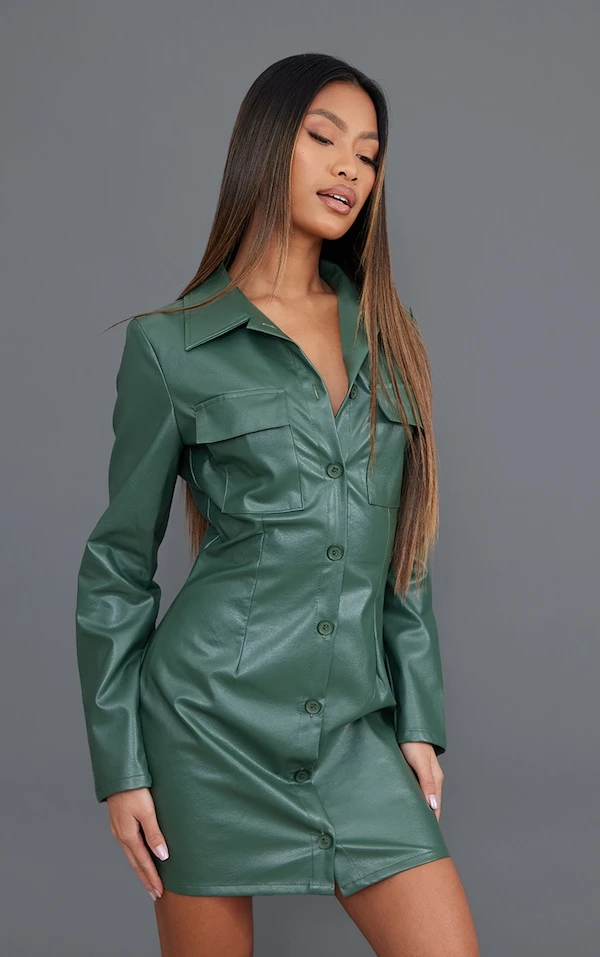 Robe Chemise En Similicuir Kaki à Boutons 1 Robe Chemise En Similicuir Kaki à Boutons