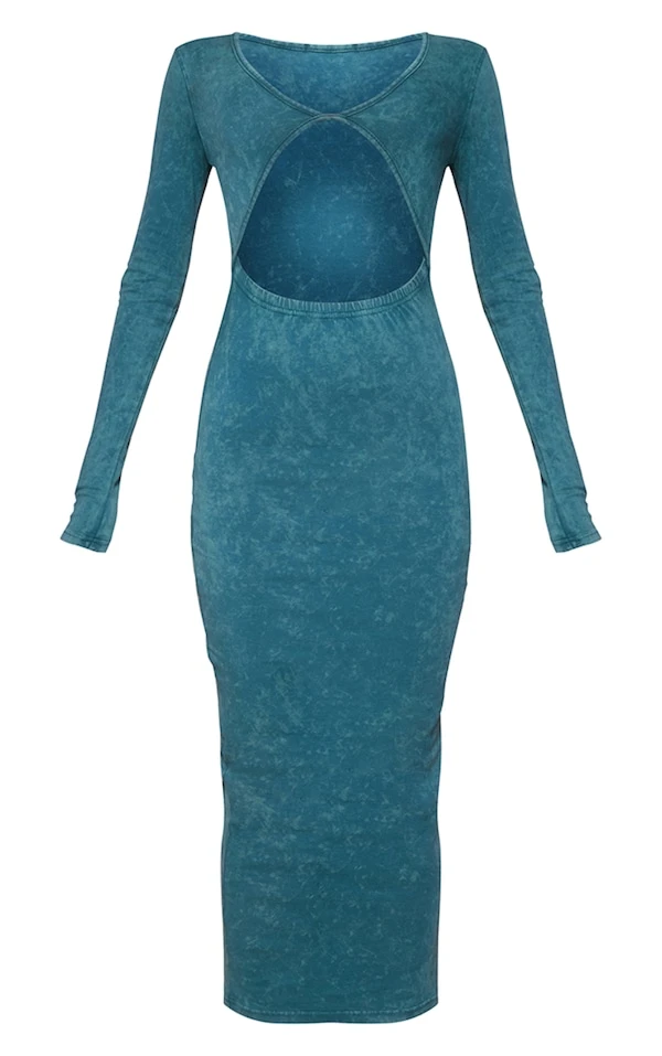 Robe Mi-longue En Coton Vert Délavé Découpée à Manches Longues 5 Robe Mi-longue En Coton Vert Délavé Découpée à Manches Longues – Image 5