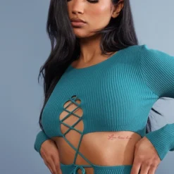 Robe Côtelée Vert émeraude à Lacets Devant -Jupe Lumine Soldes Boutique 57482f44ef544611cf21487d3508a89d30a33aab cnb6435 4