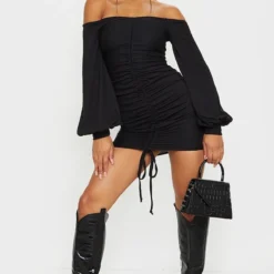 Robe Moulante Noire Côtelée à Col Bardot & Manches Bouffantes -Jupe Lumine Soldes Boutique 57e4ec9474fe308994203898cd3c71929390f142 cmm1742 3