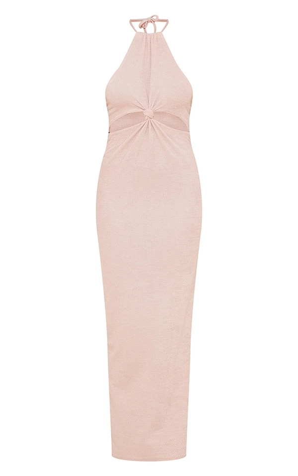 Robe Longue En Maille Côtelée Gris Pierre à Découpes Et Noeud 5 Robe Longue En Maille Côtelée Gris Pierre à Découpes Et Noeud – Image 5