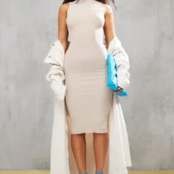 Robe Mi-longue En Maille Tricot Côtelée Chinée Avoine