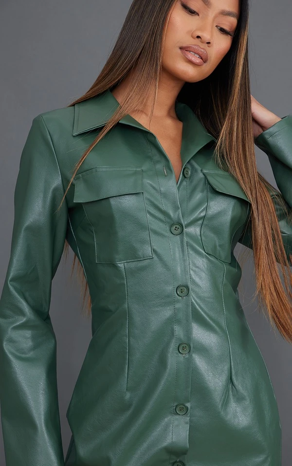 Robe Chemise En Similicuir Kaki à Boutons 4 Robe Chemise En Similicuir Kaki à Boutons – Image 4