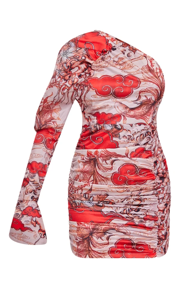 Robe Asymétrique Moulante Satinée Nude Imprimé Tatouages à Manches Bouffantes Et Fronces 5 Robe Asymétrique Moulante Satinée Nude Imprimé Tatouages à Manches Bouffantes Et Fronces – Image 5