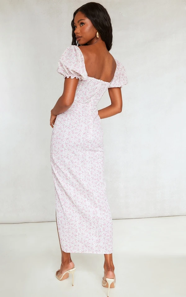 Robe-corset Longue Texturée Fleurie Rose à Manches Bouffantes 2 Robe-corset Longue Texturée Fleurie Rose à Manches Bouffantes – Image 2