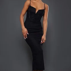 Robe Longue En Mesh Froncé Noir à Barre En V Et Bretelles