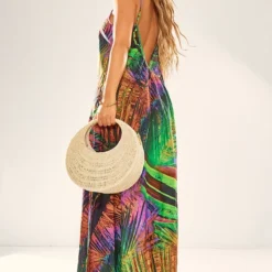 Diamond Robe De Plage Multicolore Imprimé Feuilles Oversize à Dos Ouvert