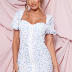 Robe Corset Moulante Bleue Fleurie à Manches Bouffantes