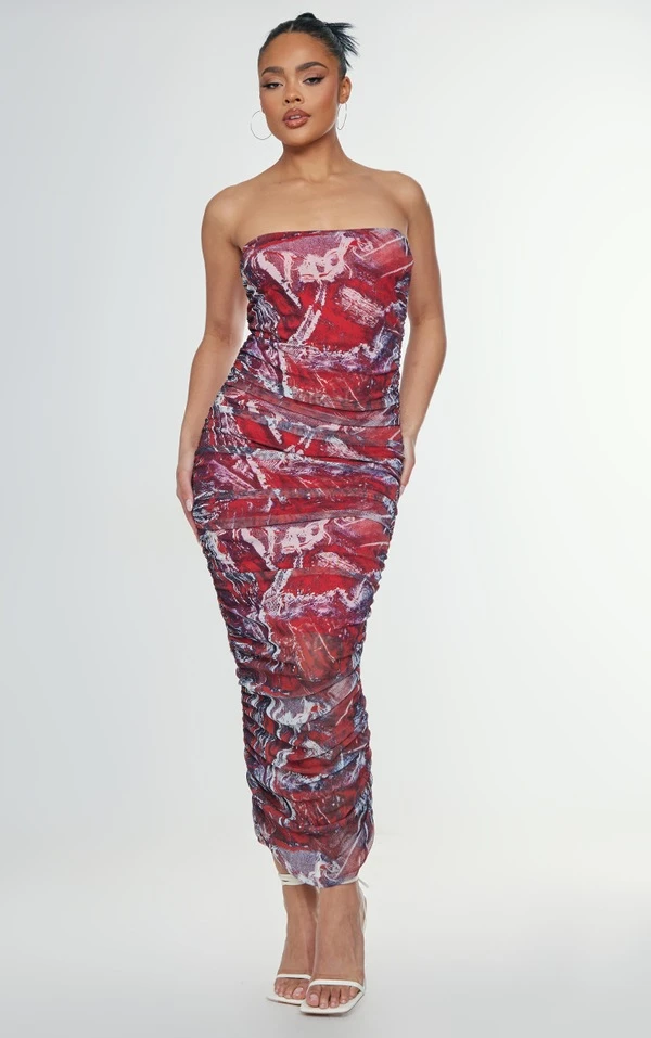 Robe Longue Bustier En Mesh Imprimé Renaissance Rouge 1 Robe Longue Bustier En Mesh Imprimé Renaissance Rouge