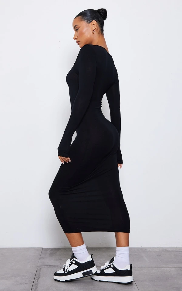 Robe Mi-longue En Jersey Noir à Bretelles Et Manches Longues 2 Robe Mi-longue En Jersey Noir à Bretelles Et Manches Longues – Image 2