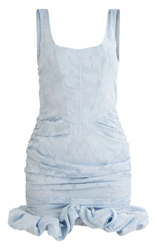 Robe Moulante Tissée Bleue Fleurie à Corset Et Ourlet Volanté 5 Robe Moulante Tissée Bleue Fleurie à Corset Et Ourlet Volanté – Image 5