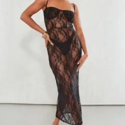 Robe Bustier Longue Noire En Dentelle Transparente à Bretelles