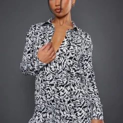 Robe Chemise Multicolore Imprimé Abstrait à Manchettes Et Ourlet Volanté