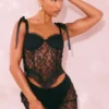 Robe Moulante En Dentelle Transparente Noire à Lacets Et Bretelles Nouées