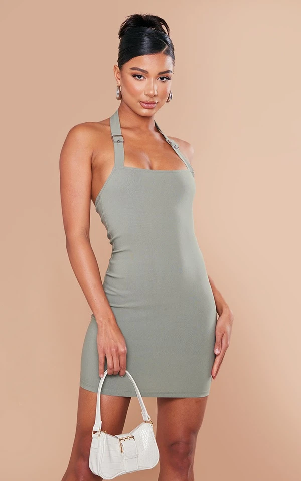 Robe Moulante Kaki Tissée Stretch à Détail Boucles Et Dos Nu 1 Robe Moulante Kaki Tissée Stretch à Détail Boucles Et Dos Nu