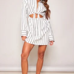 Robe Chemise Rayée Grise à Manches Longues Et Détail Noué Devant -Jupe Lumine Soldes Boutique 5faffc56f9dea4ab516fcd8d830245883f9ab3c6 cne2857 3