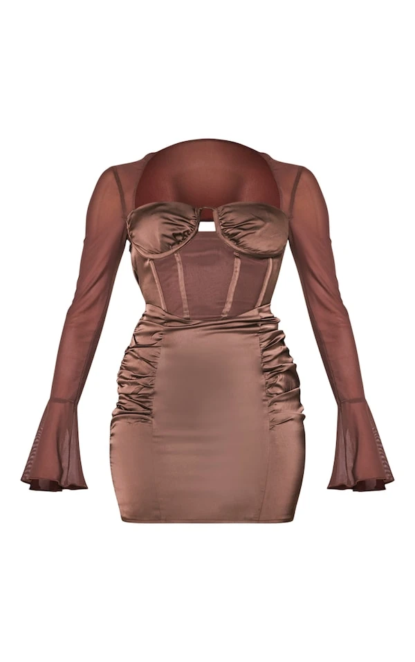 Robe Moulante Satinée Chocolat à Détail Corset Et Manches En Mesh 5 Robe Moulante Satinée Chocolat à Détail Corset Et Manches En Mesh – Image 5