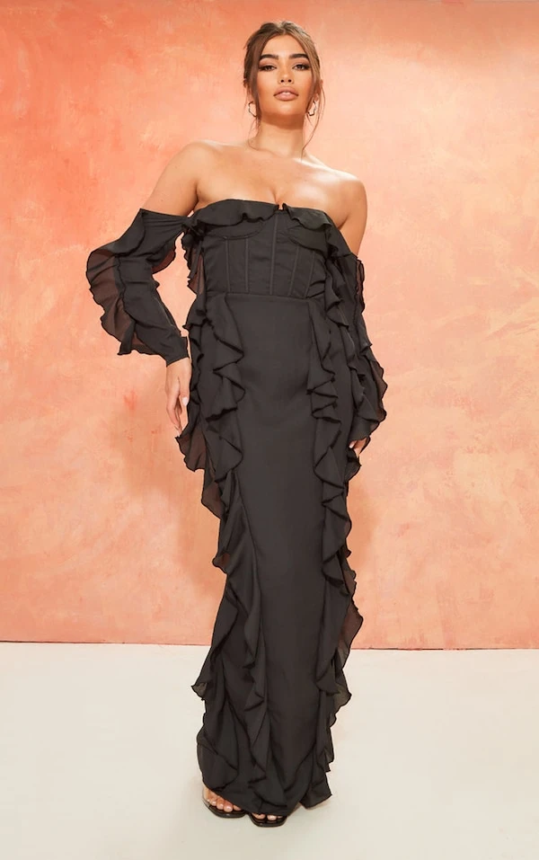 Robe Longue En Mousseline De Soie Noire à Corset Et Manches Longues 3 Robe Longue En Mousseline De Soie Noire à Corset Et Manches Longues – Image 3