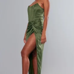 Label PLT Robe Longue Satinée Froncée Vert Olive Foncé à Corset Et Torsade -Jupe Lumine Soldes Boutique 6093467859b204607d0a4b71fbb1eaec6209d484 cnc9977 3