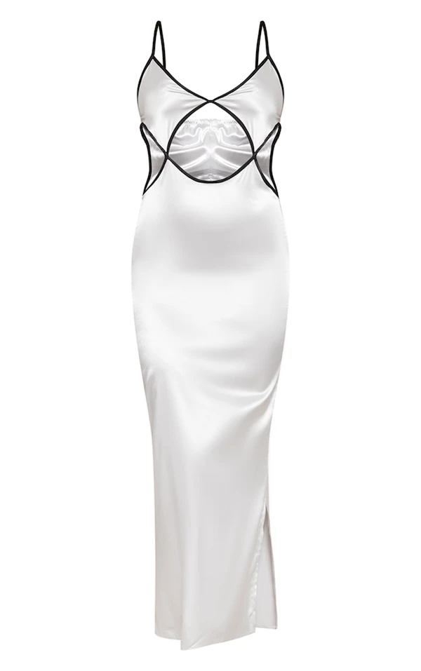 Robe Mi-longue Satinée Argentée Découpée à La Taille à Bretelles 5 Robe Mi-longue Satinée Argentée Découpée à La Taille à Bretelles – Image 5