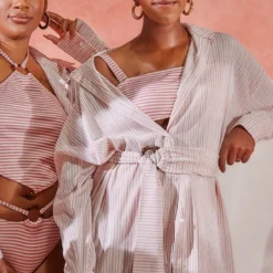 Robe Chemise De Plage Oversize Côtelée Argile à Rayures Et Taille Nouée