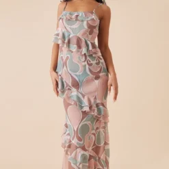 Robe Longue En Mousseline De Soie Multi à Imprimé Abstrait Et Volants