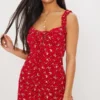 Robe Droite Rouge Imprimé Floral Et Volants