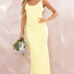 Robe Longue Satinée Jaune Citron à Dos Nu Arrondi
