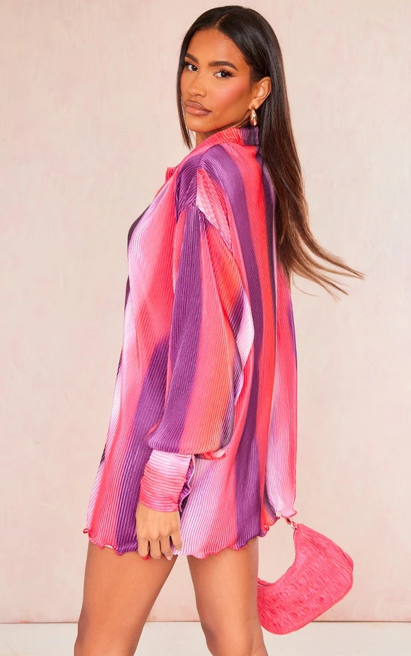 Robe Chemise Plissée Rose à Imprimé Dégradé Et Ourlet Volanté 2 Robe Chemise Plissée Rose à Imprimé Dégradé Et Ourlet Volanté – Image 2