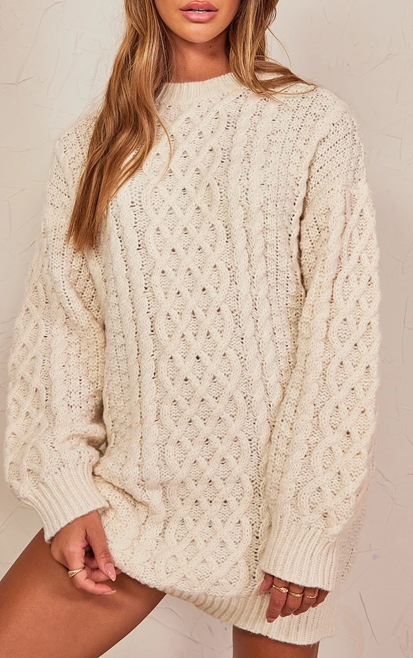 Robe Pull En Maille Torsadée épaisse Crème 4 Robe Pull En Maille Torsadée épaisse Crème – Image 4