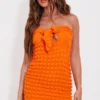 Robe Bustier Moulante Orange Texturée Nouée Sur Le Devant