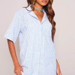 Robe Chemise Texturée Rayée Bleue à Manches Courtes Et Poche -Jupe Lumine Soldes Boutique 62d6521acd1df0ccccf011ba7f2e75bd40a11bda cne8552 4